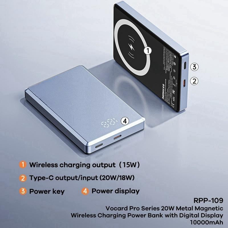 20W Magnetic Wireless Fast Charging Power Bank, 1 Count Portable Magnetic Wireless Charger with Digital Display, USB-C Data Cable Power Bank for Iphone Android Samsung