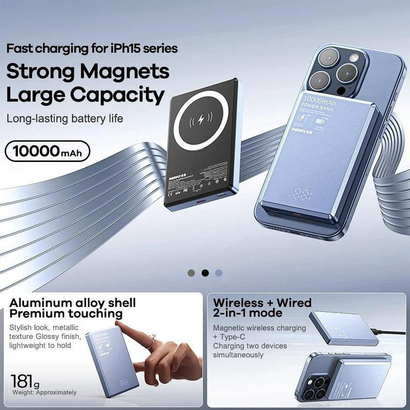 20W Magnetic Wireless Fast Charging Power Bank, 1 Count Portable Magnetic Wireless Charger with Digital Display, USB-C Data Cable Power Bank for Iphone Android Samsung