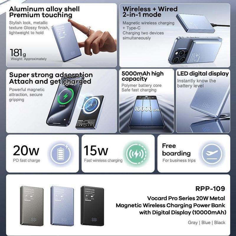 20W Magnetic Wireless Fast Charging Power Bank, 1 Count Portable Magnetic Wireless Charger with Digital Display, USB-C Data Cable Power Bank for Iphone Android Samsung