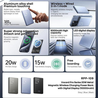 20W Magnetic Wireless Fast Charging Power Bank, 1 Count Portable Magnetic Wireless Charger with Digital Display, USB-C Data Cable Power Bank for Iphone Android Samsung